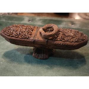 Rare Double Fly Box, Carved Corozo Nut, Integrated Mirrors, Folk Art, Circa 1820