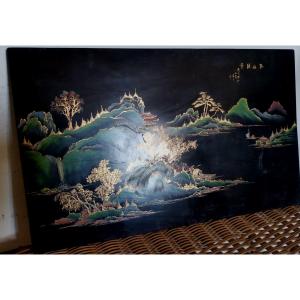 Vietnamese Lacquer Pannel, Lacustrian Landscape & Mountains 20thc