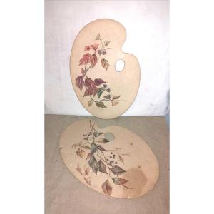 Pair Of Painter's Palettes, Hand Painted & Signed, Berries & Bees, Circa 1900