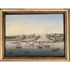 Anglo-chinese Gouache Depicting The Hongs Of Canton