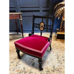Napoleon III Period Fireside Chair In Blackened Wood Decorated With A Painting Representing A Bird