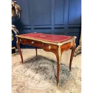 Napoleon III Period Desk In Marquetry Decorated With Gilded Bronzes In Louis XV Style - 19th