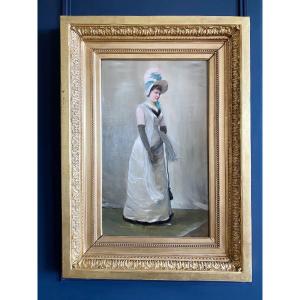 Oil On Canvas From The 19th Century “the Elegant Woman With The Bibi Hat”, French School