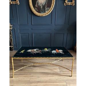 Maison Baguès: Coffee Table In Gilt Bronze And Rare Japanese Chinese Lacquer Top