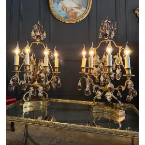 Pair Of Napoleon III Period Girandoles In Gilt Bronze And Crystal - 19th Century