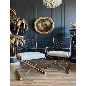 Pair Of 1970s Jansen Style X-shaped Armchairs In Gilded Metal - 20th Century