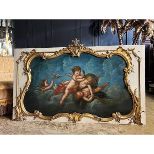 Top Of Door - 18th Century Oil On Canvas Representing The Spring Of Angels