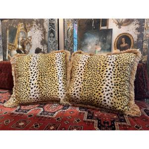 Pair Of Leopard Print Velvet Cushions - 20th Century
