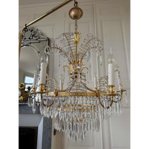 Empire Style Pagoda Chandelier In Gilt Bronze With Crystal Tassels - 20th Century 