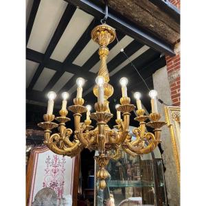 Important Louis XV Style Giltwood Chandelier With 12 Light Branches - Late 19th Century