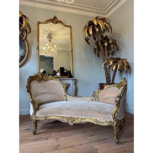 Important Napoleon III Period Chaise Longue In Gilded And Carved Wood In Louis XV Style - 19th Century 