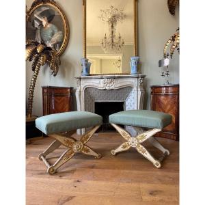 Pair Of Late 19th Century X-shaped Stools In Carved And Lacquered Wood 