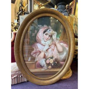 Large Pastel From The Late 19th Century Depicting A Young Woman With A Mask