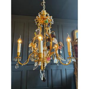 Pagoda Chandelier By La Maison Bagues In Gilded Bronze With Glass Flower And Fruit Decoration - 20th Century