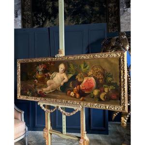 Overdoor / 19th Century Oil On Canvas Depicting A Scene With Putti