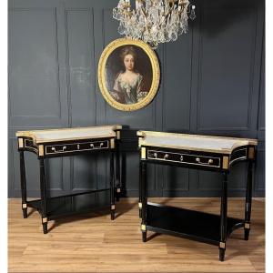 Pair Of Louis XVI Style Black Lacquered Wood Console Tables