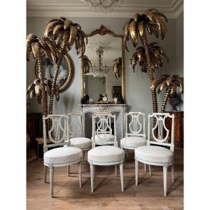 Set Of 6 Lyre-shaped Chairs From The Napoleon III Period In Painted Wood, Louis XVI Style