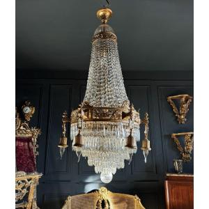 19th Century Gilt Bronze Chandelier With Crystal Pendants In Louis XVI Style - H125cm