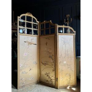 Napoleon III Period Screen In Gilded Wood And Louis XVI Style Chinese Silk