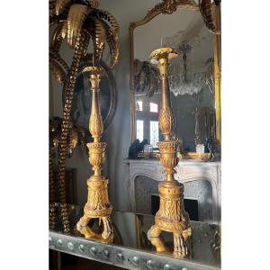 Pair Of 18th Century Gilded Wooden Candlesticks - H1m10