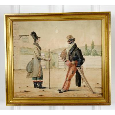 Léon Michel: Watercolor On Paper Of The Nineteenth "the Walker And The Robber"