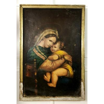 Large Oil On Canvas From The Eighteenth Representative "the Virgin And Child"
