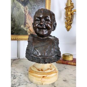 Nineteenth Bronze Bust Representing A Laughing Child On A Marble Base