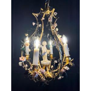 Napoleon III Period Cage Chandelier In Gilt Bronze And Porcelain