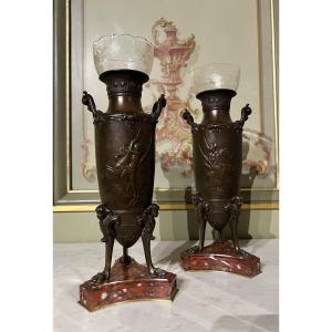 Pair Of Vases In The Shape Of Amphora From The Napoleon III Period In Bronze In The Style Of F.barbedienne