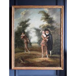 Oil On Canvas From The Beginning Of The Nineteenth Representing A Scene From La Comedia Del Arte