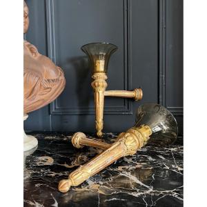 Pair Of Napoleon III Period Sconces In Golden Wood And Murano Glass Louis XVI Style