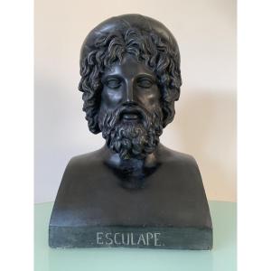 Large Patinated Bronze Plaster Bust Of Aesculapius, Roman God Of Medicine, Late 19th Century