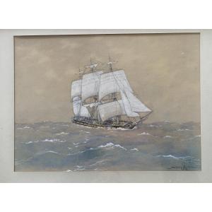 Sandy-hook, Three-masted Ship In Rough Seas, Marine Painter