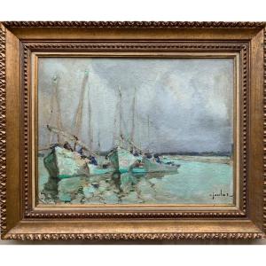 Thoniers Au Mouillage Huile Sur Panneau 