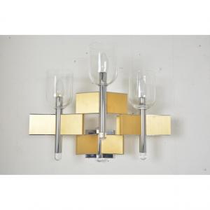Gaétano Scoiolari Wall Lamp In Metal, Brass And Glass Production Between 1970 And 1979 3 Lights