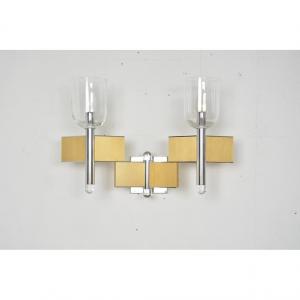 Gaétano Scoiolari Wall Lamp In Metal, Brass And Glass 2 Lights
