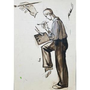 Jean Burkhalter (1895-1982), The Painter, Circa 1925, Brown Wash And White Gouache Highlights