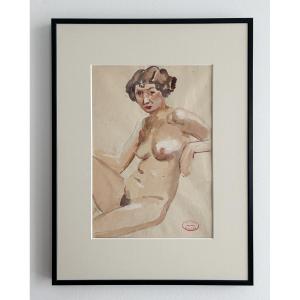 Art Deco Raphaël Delorme (1886-1962), Preparatory Study For The Swimming Pool, Watercolor And Pencil 