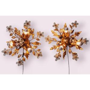Pair Of Wall Sconces In Gold Metal, Electrified