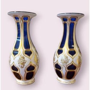 Pair Of Bohemian Crystal Vases, Overlay Model, Perfect Condition