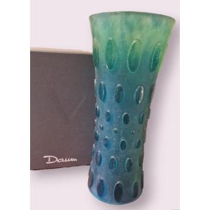 Large Daum Vase In Blue Glass Paste And Glass, With Its Original Box