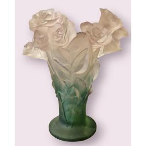 Daum Vase Model Roses In Pink And Green Glass Paste, Signed