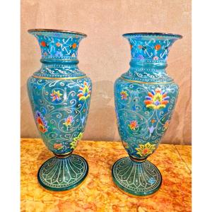 Large Pair Of Blue Enameled Crystal Vases, Perfect Condition 