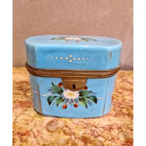 Blue Opaline Box , With Enamel Flower Decoration On Each Side, Perfect Condition 