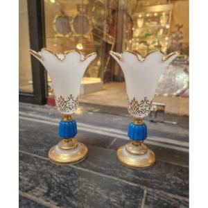 Rare Pair Of White And Blue Opaline Vases, Perfect Condition 