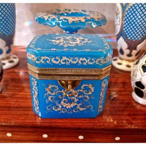 Large Blue Opaline Glass Box With Its Key, In Perfect Condition.