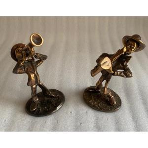 1970/80 Saxophonist And Trumpeter And Violin In Bronze, Sculptures Signed Lohe