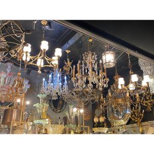 1920/50′ Pair Of Bronze And Brass Chandeliers With Arbus Style Arrow By Maison Jansen 6 Bulbs