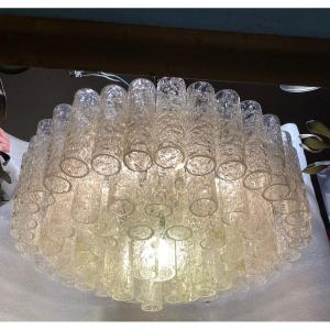 1970′ Chandelier Doria 4 Levels 78 Blown Glass Crystals Design Venini Murano