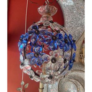 1970′ Chandelier Decorated With Flowers And Leaves In Golden Metal And Blue Colored Glass Maison Bagués